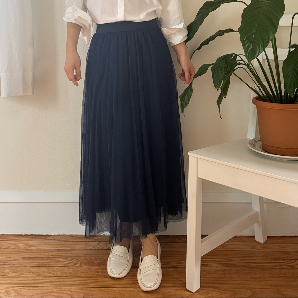 Boden Pleated Layered Tulle Navy Blue Midi Skirt Elastic Waistband Size 4